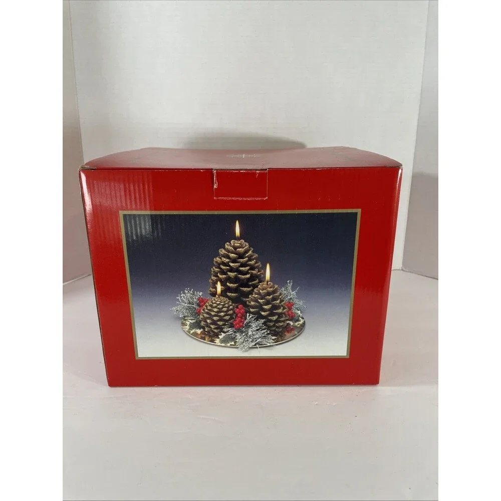 NEW Pinecone Berries Christmas Candle Centerpiece Decor on Gold Metal Plate Vtg